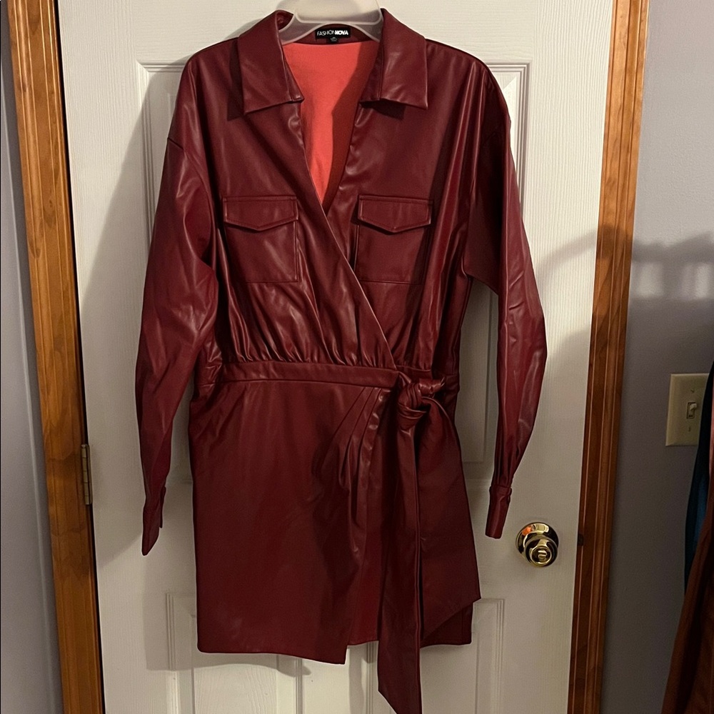 Fashion Nova Burgundy/Red Faux Leather Wrap Dress
